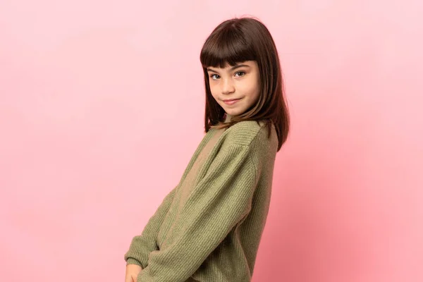 Klein Meisje Geïsoleerd Roze Achtergrond Portret — Stockfoto