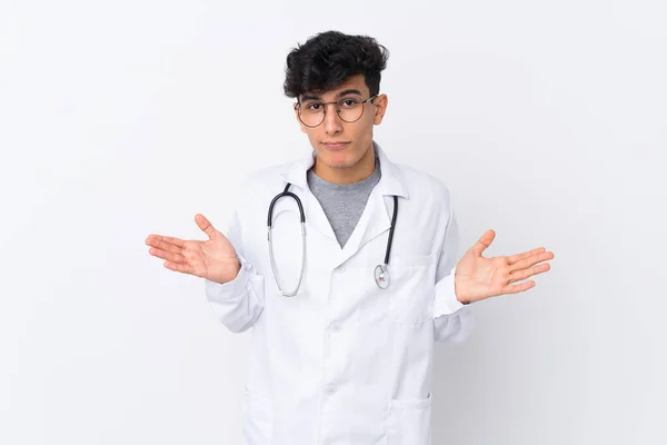Young Argentinian Man Isolated White Background Wearing Doctor Gown Having — Stock Photo, Image