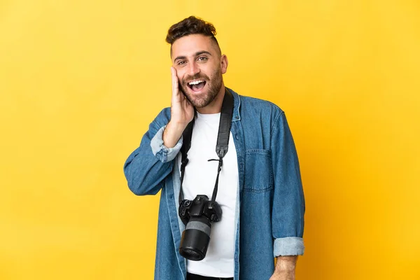 Photographer Man Isolated Yellow Background Shouting Mouth Wide Open — Stock Photo, Image