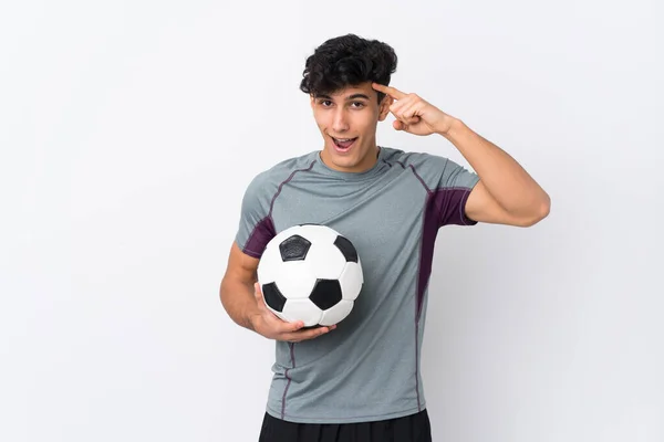 Hombre Futbolista Argentino Sobre Fondo Blanco Aislado Con Intención Realizar — Foto de Stock