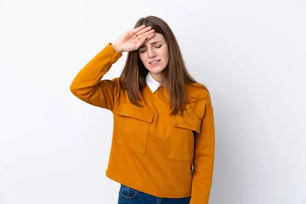 Jonge Vrouw Geïsoleerde Witte Achtergrond Met Vermoeide Zieke Uitdrukking — Stockfoto