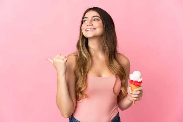 Young Caucasian Woman Cornet Ice Cream Isolated Pink Background Pointing — Stock Photo, Image
