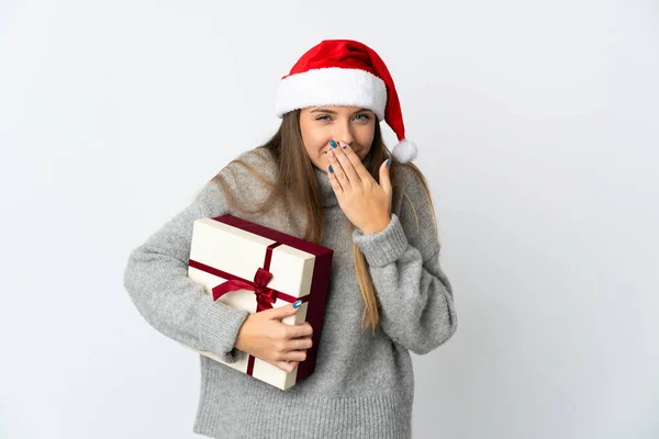 Mulher Lituana Com Chapéu Natal Segurando Presentes Isolados Fundo Branco — Fotografia de Stock