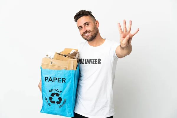 Кавказький Чоловік Який Тримає Пакет Переробки Паперу Відокремлений Білому Фоні — стокове фото