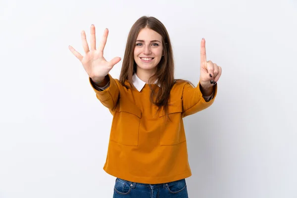 Jeune Femme Sur Fond Blanc Isolé Comptant Six Doigts — Photo