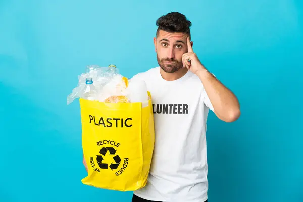 Caucasian Man Holding Bag Full Plastic Bottles Recycle Isolated Blue — Stock Photo, Image