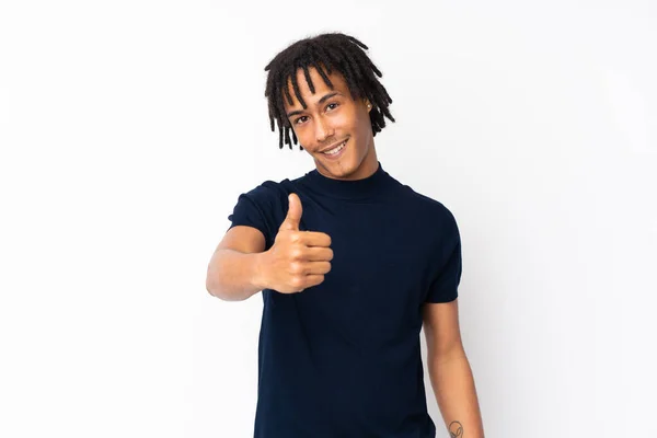 Young African American Man Isolated White Background Thumbs Because Something — Stock Photo, Image