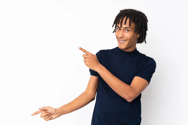 Young African American Man Isolated White Background Pointing Finger Side — Stock Photo, Image