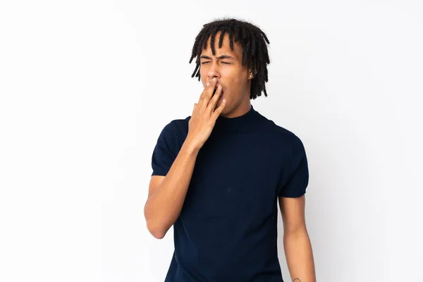 Young African American Man Isolated White Background Yawning Covering Wide — Stock Photo, Image