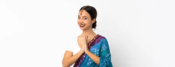 Young Indian Woman Isolated White Background Keeps Palm Together Person — Stock Photo, Image