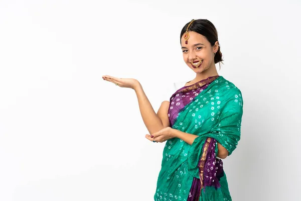 Young Indian Woman Isolated White Background Extending Hands Side Inviting — Stock Photo, Image