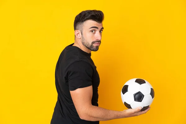 Caucasian Man Isolated Yellow Background Soccer Ball — Stock Photo, Image