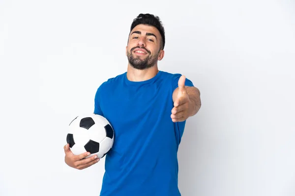 Handsome Young Football Player Man Isolated Wall Shaking Hands Closing — Stock Photo, Image