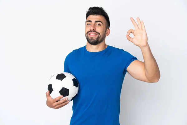 Handsome Young Football Player Man Isolated Wall Showing Sign Fingers — Stock Photo, Image