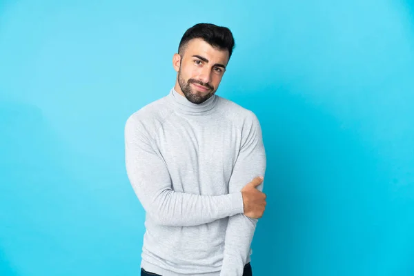 Caucásico Hombre Sobre Aislado Azul Fondo Riendo — Foto de Stock