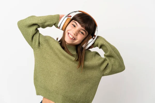 Niña Escuchando Música Con Móvil Aislado Sobre Fondo Blanco Escuchando —  Fotos de Stock