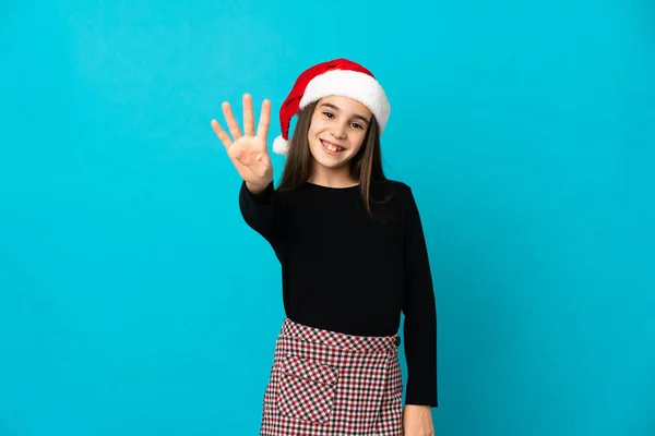 Niña Con Sombrero Navidad Aislado Sobre Fondo Azul Feliz Contando —  Fotos de Stock