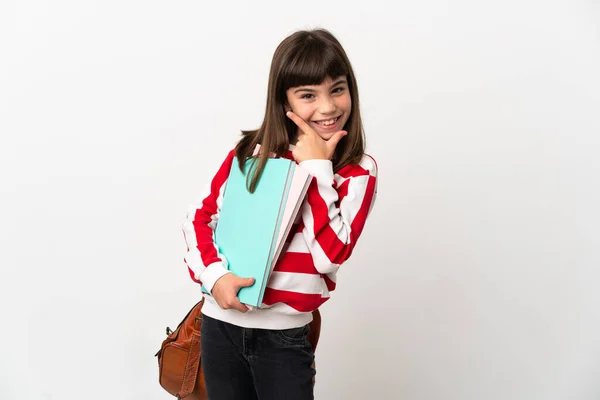 Little Student Girl Isolated White Background Happy Smiling — Stock Photo, Image