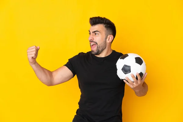 Caucasian Man Isolated Yellow Background Soccer Ball Celebrating Victory — Stock Photo, Image