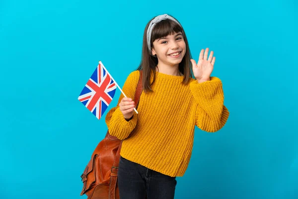 Маленька Дівчинка Яка Вивчає Англійську Синьому Фоні Вітає Радістю — стокове фото