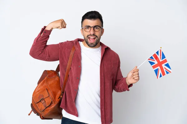 Junger Hispanischer Mann Mit Britischer Flagge Macht Starke Geste — Stockfoto