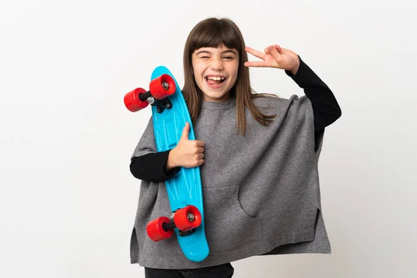 Klein Meisje Geïsoleerd Witte Achtergrond Met Een Skate Met Gelukkige — Stockfoto