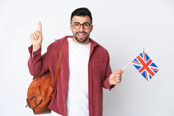 Молодий Гізпанічний Чоловік Тримає Прапор Великої Британії Вказує Чудову Ідею — стокове фото