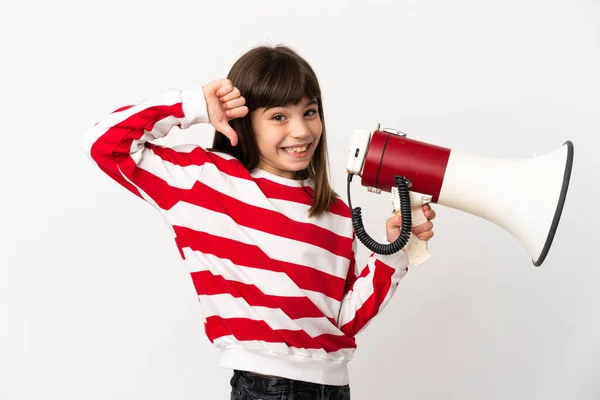 Menina Isolada Fundo Branco Segurando Megafone Orgulhoso Auto Satisfeito — Fotografia de Stock