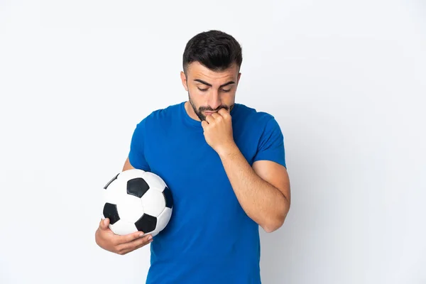 Handsome Young Football Player Man Isolated Wall Having Doubts — Stock Photo, Image