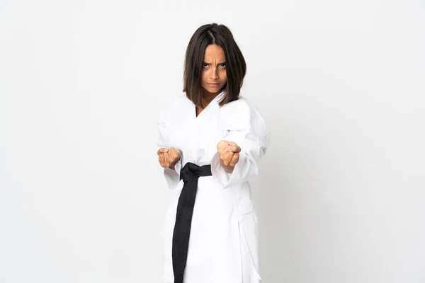 Young Latin Woman Isolated White Background Doing Karate — Stock Photo, Image