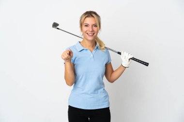 Young Russian golfer woman isolated on white background surprised and pointing front