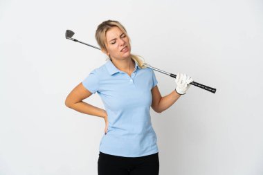 Young Russian golfer woman isolated on white background suffering from backache for having made an effort