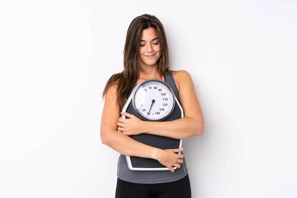 Teenager Brazilian Girl Holding Scale Isolated White Background Weighing Machine — Stock Photo, Image