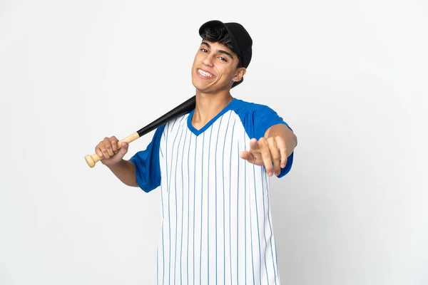Man Playing Baseball Isolated White Background Pointing Front Happy Expression — ストック写真