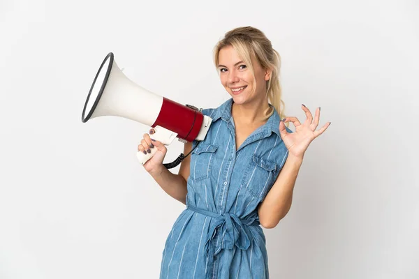Young Russian Woman Isolated White Background Holding Megaphone Showing Sign — ストック写真