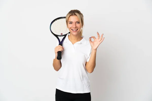 Jong Russisch Vrouw Tennis Speler Geïsoleerd Witte Achtergrond Tonen Teken — Stockfoto