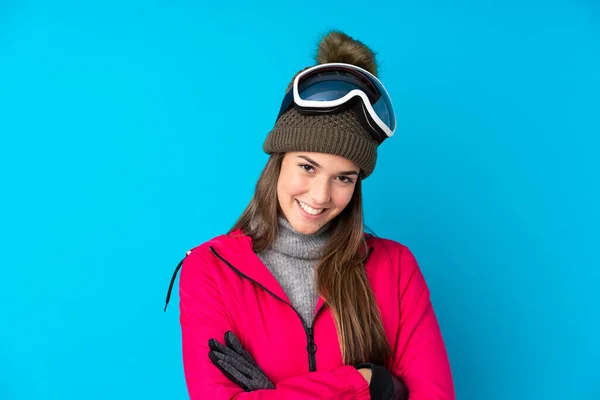 Adolescente Skieuse Avec Des Lunettes Snowboard Sur Fond Bleu Isolé — Photo