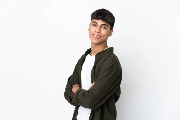 Young Man Isolated White Background Arms Crossed Happy — Stok fotoğraf