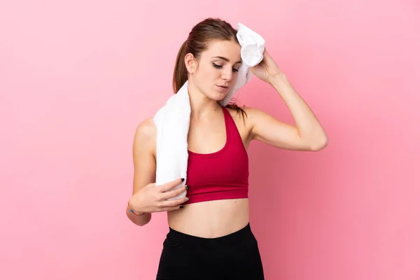 Young Sport Woman Isolated Pink Background Sport Towel — Stock Photo, Image