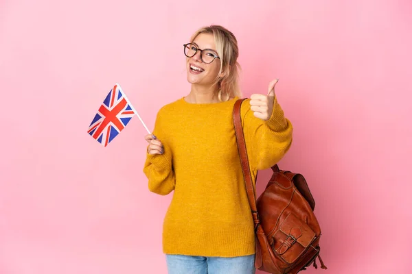 Young Russian Woman Holding United Kingdom Flag Isolated Pink Background — Stock Photo, Image