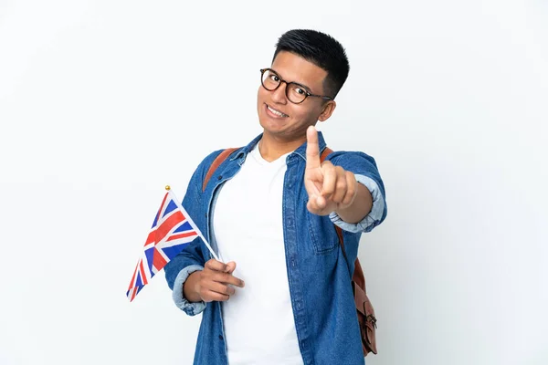 Junge Ecuadorianerin Mit Einer Britischen Flagge Auf Weißem Hintergrund Die — Stockfoto