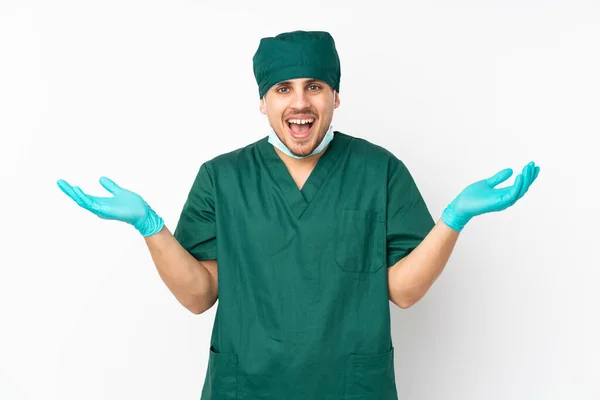 Surgeon Green Uniform Isolated Isolated White Background Shocked Facial Expression — ストック写真