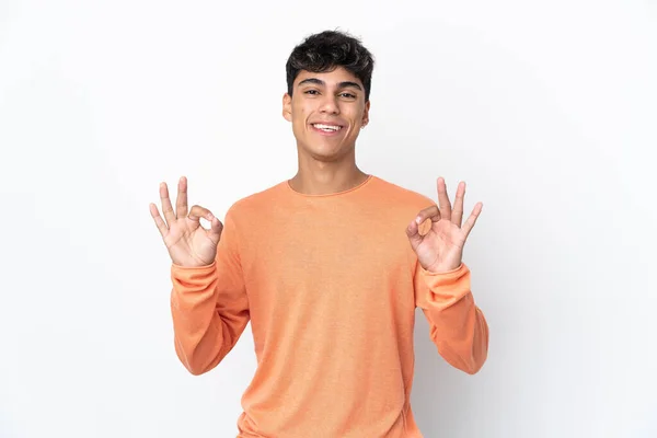 Young Man Isolated White Background Showing Sign Two Hands — Stok fotoğraf