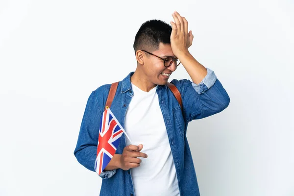 Junge Ecuadorianerin Mit Einer Britischen Flagge Auf Weißem Hintergrund Hat — Stockfoto