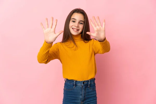Kleines Mädchen Auf Rosa Hintergrund Das Mit Den Fingern Zehn — Stockfoto