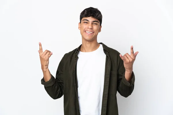 Young Man Isolated White Background Making Horn Gesture — Stok fotoğraf