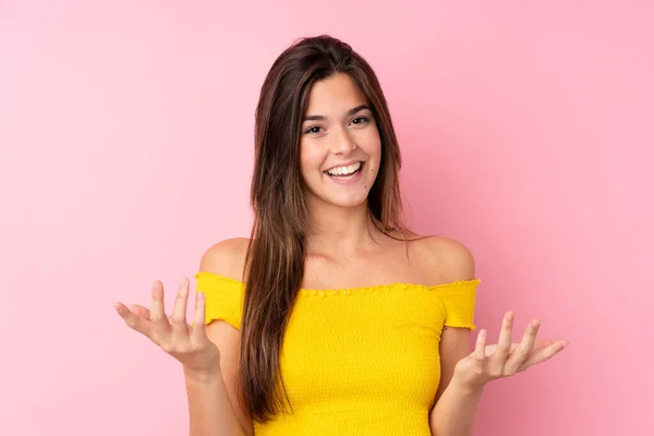 Teenager Brazilian Girl Isolated Pink Background Smiling Lot — Stock Photo, Image