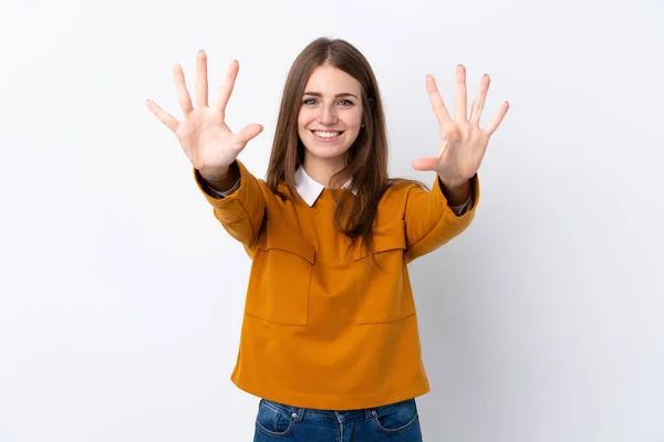 Νεαρή Γυναίκα Πάνω Από Απομονωμένο Λευκό Φόντο Καταμέτρηση Δέκα Δάχτυλα — Φωτογραφία Αρχείου