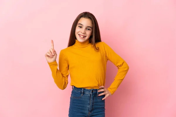 Little Girl Isolated Pink Background Showing Lifting Finger Sign Best — ストック写真