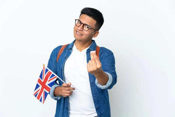 Junge Ecuadorianerin Mit Britischer Flagge Auf Weißem Hintergrund Macht Geld — Stockfoto